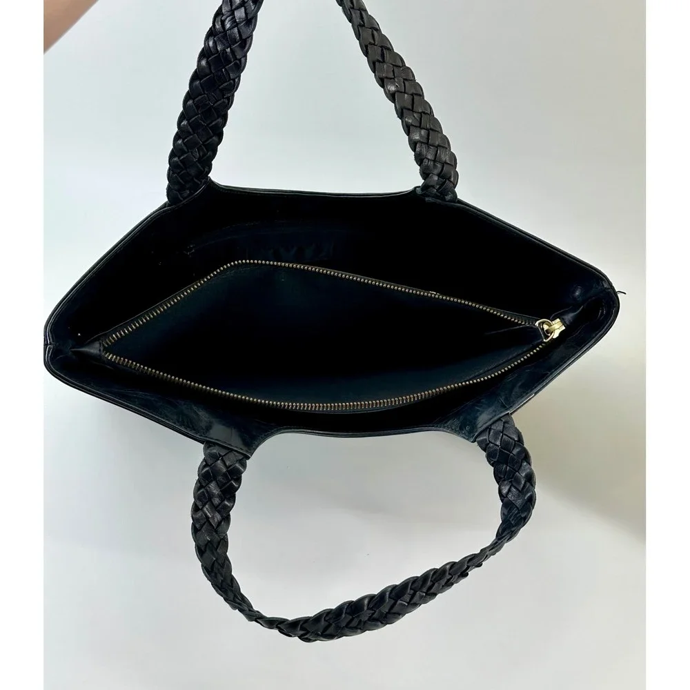 Falor Le Borse Black Croc Embossed Leather Tote Braided Handle Shoulder Bag